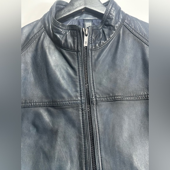 Massimo Dutti Genuine Leather Jacket Men’s L Navy Blue Euro Tailored Classic - Picture 3 of 16